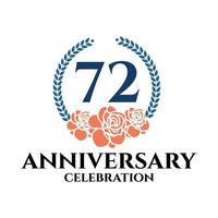 72nd anniversary logo with rose and laurel wreath, vector template for birthday celebration.