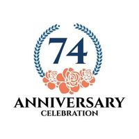 74th anniversary logo with rose and laurel wreath, vector template for birthday celebration.