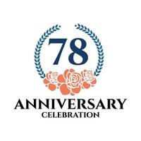 78th anniversary logo with rose and laurel wreath, vector template for birthday celebration.