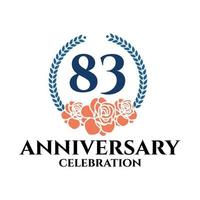 83rd anniversary logo with rose and laurel wreath, vector template for birthday celebration.