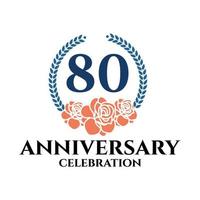 80th anniversary logo with rose and laurel wreath, vector template for birthday celebration.