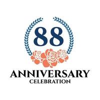 Logo del 88 aniversario con rosa y corona de laurel, plantilla vectorial para celebración de cumpleaños. vector