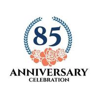 85th anniversary logo with rose and laurel wreath, vector template for birthday celebration.