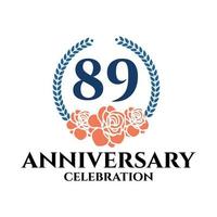 89th anniversary logo with rose and laurel wreath, vector template for birthday celebration.