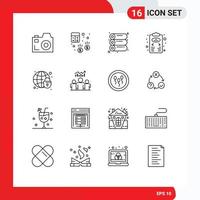 16 User Interface Outline Pack of modern Signs and Symbols of globe scheme machine planning business strategy Editable Vector Design Elements