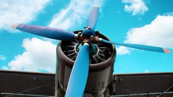 Airplane engine blades on a blue background. photo