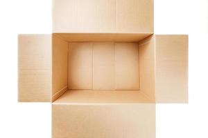 Open cardboard box isolated on white background. Top view. photo