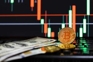 Gold bitcoins on the background of business charts close-up and 100 dollar bills. photo