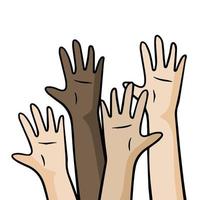 Hands of people with different skin colors. Palms up. Concept of friendship, diversity and multicultural cooperation of children vector