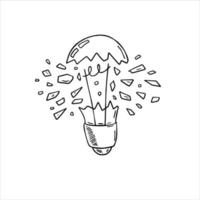 Burst light bulb. Crack in lightbulb. Sketch Shards of glass. Concept of idea and solution of problem. Doodle drawn Electric light. vector