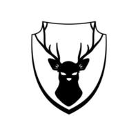 Head of deer on shield. Knight coat of arms with stag. Black silhouette of horned animal. Heraldic symbol vector