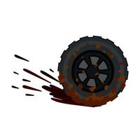 Dirty wheel of truck. Off-road driving. Ground on tire. Car wash symbol. Garbage and dirt. Cartoon flat illustration vector