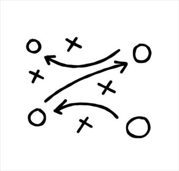 Sports tactics and strategy. Scheme of movement of team player. Combination of crosses and circles with path arrows. Pitch ball instructions. vector