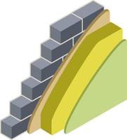 pared de ladrillo en isometría con capas de yeso y aislamiento. material para la reparación del hogar. Construcción de edificios. esquema de aplicación de capa azul y amarilla vector