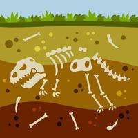 Dinosaur skeleton. Bones of a prehistoric lizard. Land in the section. Soil with layers. Historical find and archaeological excavations. Flat cartoon landscape vector