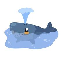 Cute funny whale with water fountain in sea or ocean. Marine animal. Children drawing in Scandinavian style. Funny blue sperm whale vector