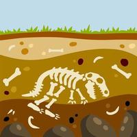 Dinosaur skeleton. Bones of a prehistoric lizard. Land in the section. Soil with layers. Historical find and archaeological excavations. Flat cartoon landscape vector