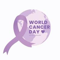 world cancer day poster template with purple ribbon and planet earth vector illustration