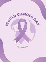 plantilla de póster del día mundial del cáncer con cinta morada e ilustración de vector de planeta tierra