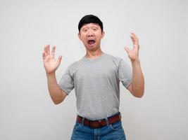 Asian man grey shirt standing gesture amazed feels shocked isolated photo