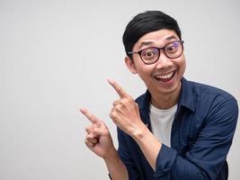 Young businessman cheerful double point finger portrait photo