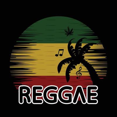 reggae themed festival music background with musical notes composition, cannabis and coconut trees
