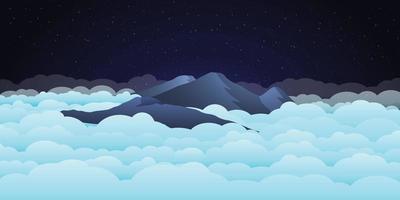 31. Vector landscape illustration - peaceful beautiful night over prau mountains with ocean of clouds, Use as background or wallpaper.