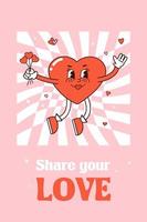 Retro groovy lovely hearts posters. Love concept. Happy Valentines day greeting card in trendy retro 60s 70s cartoon style. Vector illustration in pink red colors. Groovy heart. Card, postcard, prin