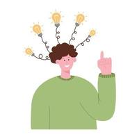 Creative talented man with many lightbulbs, ideas. Opportunities, inventions, creativity concept. Person creator, inventor feeling inspiration. Flat vector illustration isolated on white background