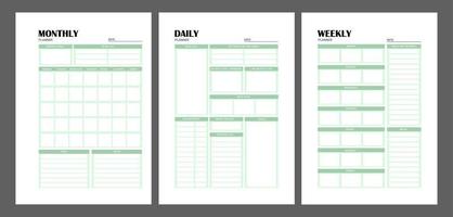 Set of minimalist planners. Daily, weekly, monthly planner template. Blank white notebook page isolated on grey. Business organizer page.  Blank printable vertical notebook page vector