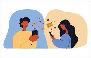 amor virtual. citas en línea y redes sociales, concepto de relaciones virtuales. hombres y mujeres chateando en Internet. ilustración isométrica vectorial 3d. vector