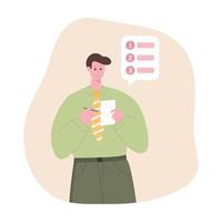 persona de negocios mirando la secuencia de tareas en el plan. la persona que organiza la lista de tareas pendientes, la agenda. emprendedor y pasos estratégicos. el concepto de horario. ilustración vectorial plana vector