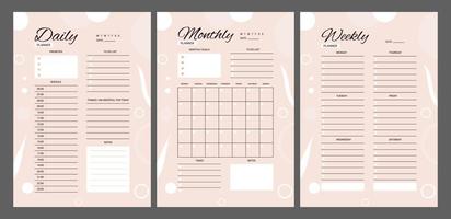 Set of minimalist planners. Daily, weekly, monthly planner template. Blank white notebook page isolated on grey. Business organizer page.  Blank printable vertical notebook page vector