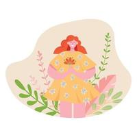 Happy woman with plants in garden. Girl feeling unity with nature, enjoying and contemplating. Botanist with spring flowers. Wellbeing concept. Flat vector illustration isolated on white background