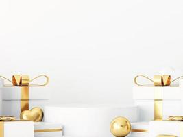 Valentines podium mockup concept. scene with Valentines gold object and white background, white product display, luxury 3d render. stand for Valentines gift, showcase, cosmetic, podium product. photo