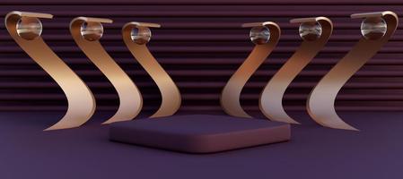 Elegant podium with  abstract art objects. Stand to show products. Stage showcase with copy space. Pedestal display. Banner size. Website cover template. 3D rendering. photo