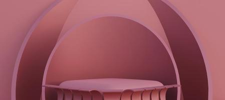 Pink cylinder podium with geometric objects. Stand to show products. Stage showcase with copy space. Pedestal display. Banner size. Website cover template. 3D rendering. photo