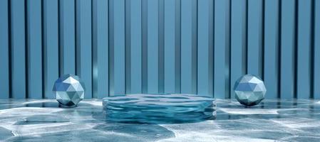 Blue cylinder podium with geometric objects. Stand to show products. Stage showcase with copy space. Pedestal display with water texture. Banner size. Website cover template. 3D rendering.