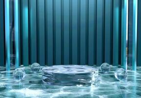 Blue podium with ice texture and abstract art objects. Stand to show products. Stage showcase with modern scene. Pedestal display with copy space. 3D rendering.