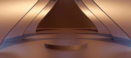 Luxury bronze podium with geometric objects. Stand to show products. Stage showcase with copy space. Pedestal display. Banner size. Website cover template. 3D rendering. photo