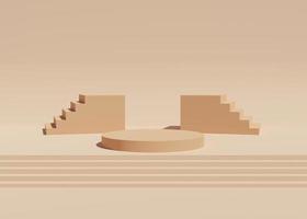 Beige podium with abstract art objects. Stand to show products. Stage showcase with modern scene. Pedestal display with copy space. 3D rendering. Studio platform template.