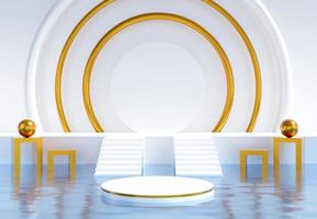 White podium background with decorative objects and golden rings ideal for poster, cover, branding wallpaper, banner, website, presentation. Classic and clean. 3d rendering.