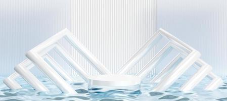 White podium with abstract decorative objects. Stand to show products with copy space. Pedestal display in white pool scene. Banner size. Website cover template. 3D rendering. photo