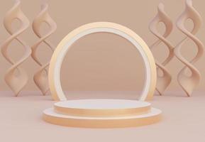 Beige podium with abstract art objects. Stand to show products. Stage showcase with modern scene. Pedestal display with copy space. 3D rendering. Studio platform template.