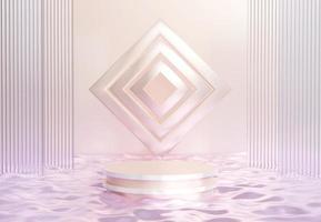 Light pink cylinder podium with decorative objects. Stand to show products. Stage showcase with copy space. Pedestal in futuristic concept. Banner size. Website cover template. 3D rendering.