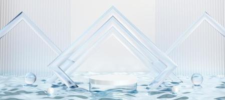Podium with transparent glass decorative objects. Stand to show products with copy space. Pedestal display in futuristic scene. Banner size. Website cover template. 3D rendering.