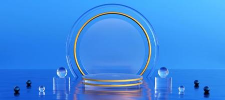Transparent glass podium with decorative objects. Stand to show products with copy space. Pedestal display in elegant blue scene. Banner size. Website cover template. 3D rendering.