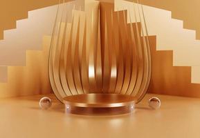 Shiny Golden Cylinder Podium with decorative objects. Luxury Stand to show products. Stage showcase with copy space. Modern Pedestal display.  3D rendering.