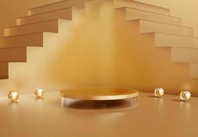 Golden cylinder podium with decorative objects on luxury style background. Stand to show products. Stage showcase with copy space. Pedestal display.  3D rendering. photo