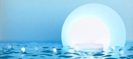 Transparent glass podium with decorative objects. Stand to show products with copy space. Pedestal display in blue ocean scene. Banner size. Website cover template. 3D rendering.